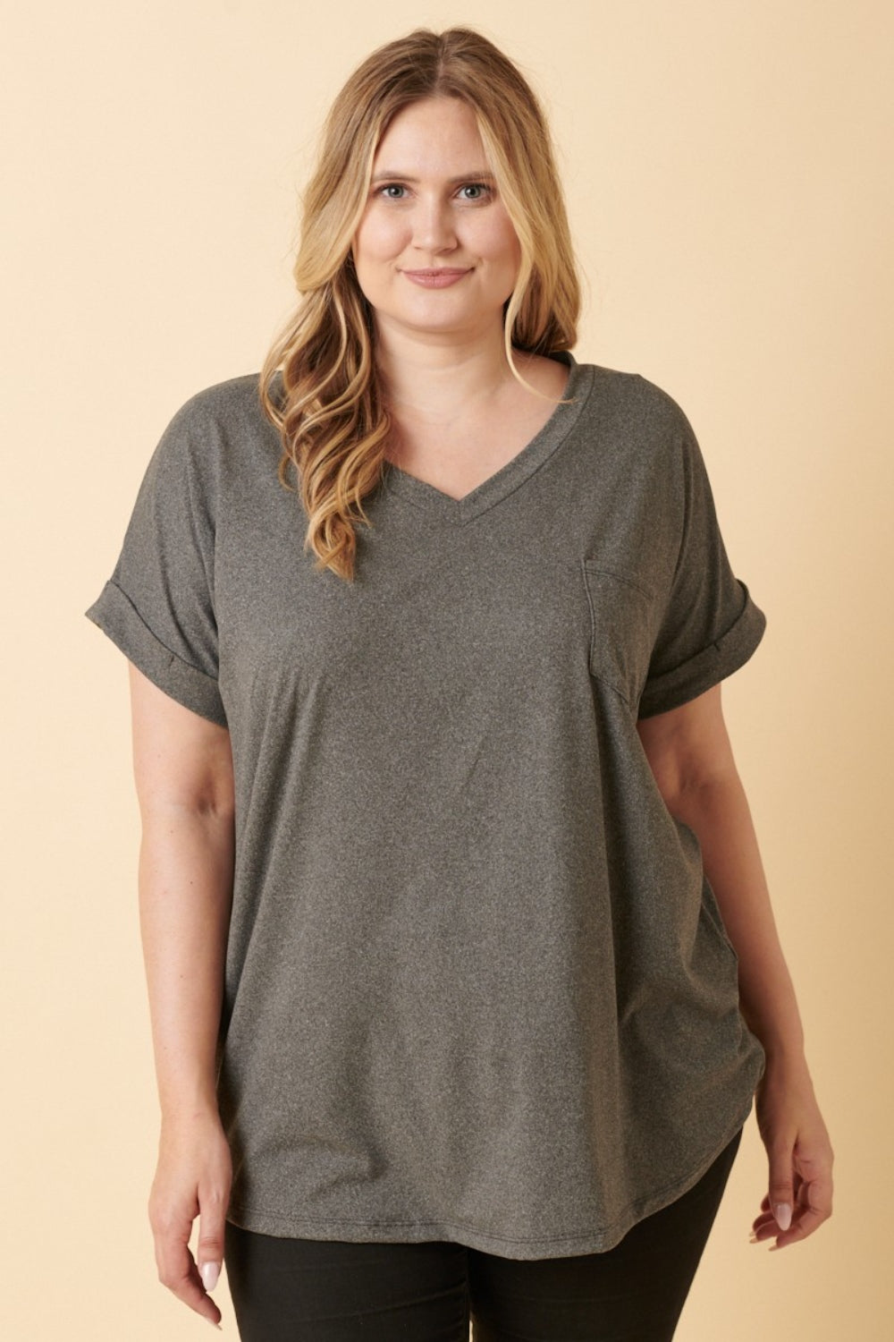 Mittoshop Full Size V-Neck Rolled Short Sleeve T-Shirt - Whateversit