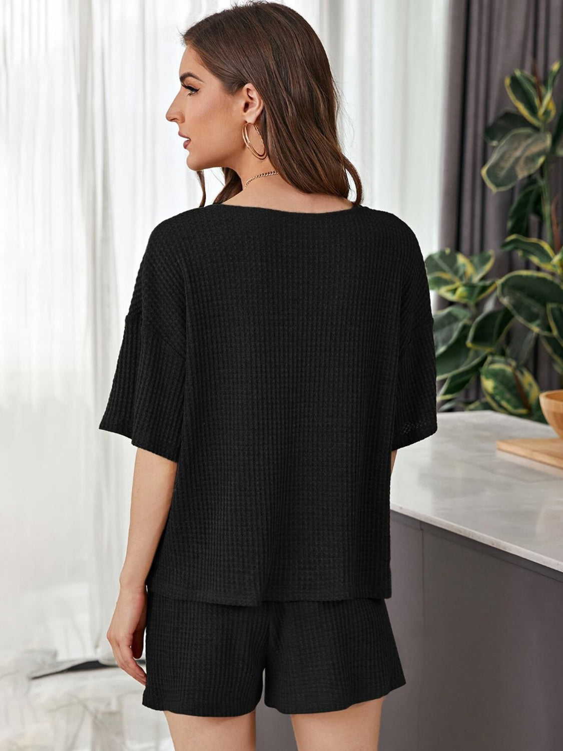 Full Size Waffle-Knit Dropped Shoulder Top and Shorts Set - Whateversit