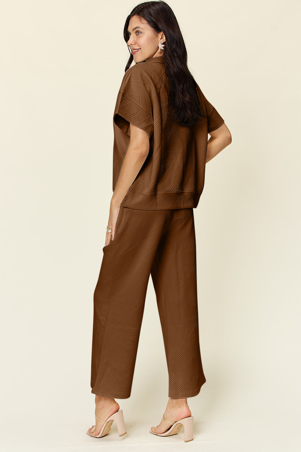 Double Take Full Size Texture Half Zip Short Sleeve Top and Pants Set - Whateversit
