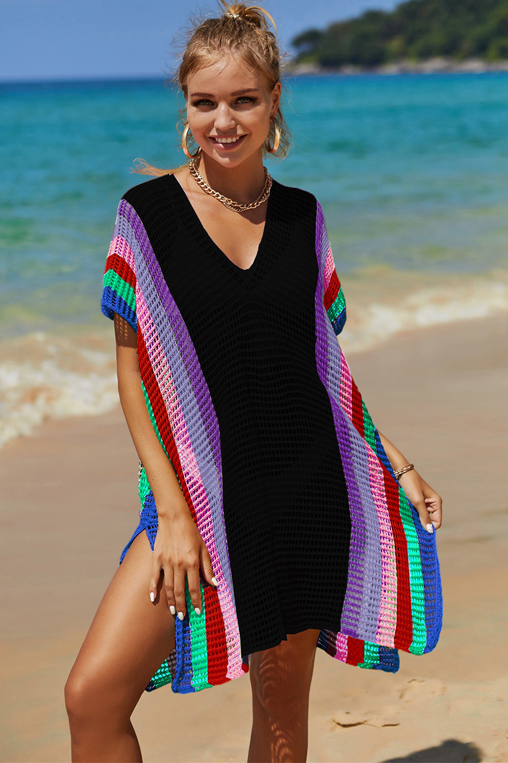 Double Take Openwork Striped Slit Knit Cover Up - Whateversit