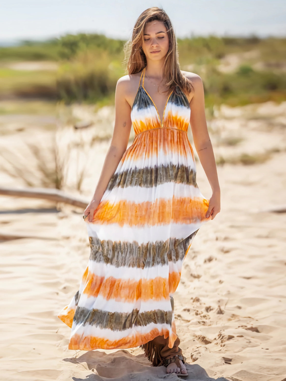 Tie-Dye Halter Neck Sleeveless Dress - Whateversit