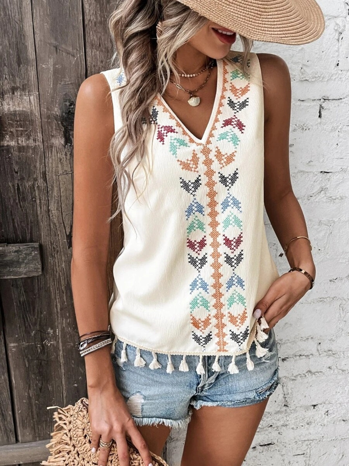 Tassel Printed V-Neck Tank - Whateversit