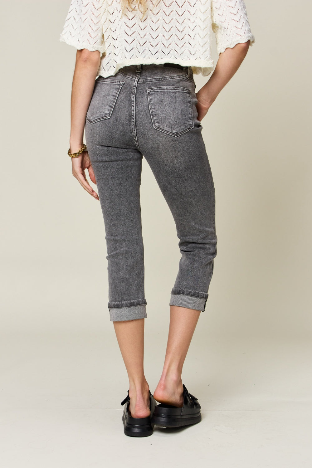 Judy Blue Full Size Button Fly High Waist Cuffed Capris - Whateversit