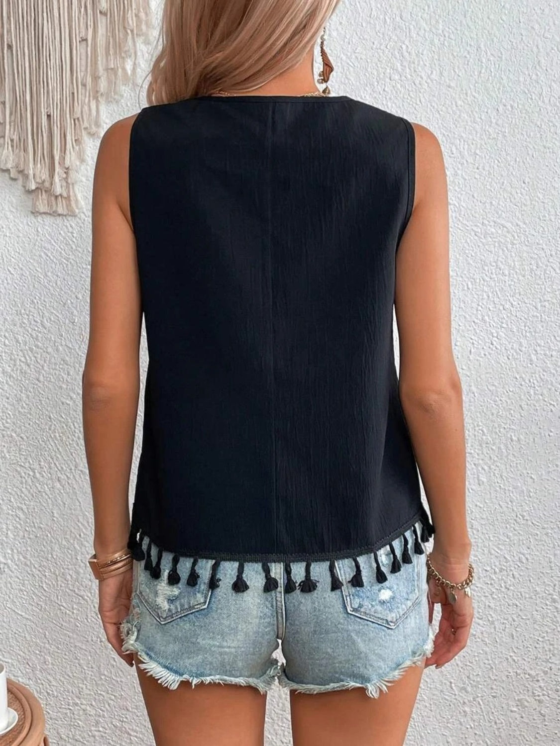 Tassel Printed V-Neck Tank - Whateversit