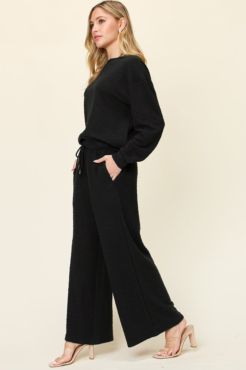 Double Take Full Size Texture Long Sleeve Top and Pants Set - Whateversit