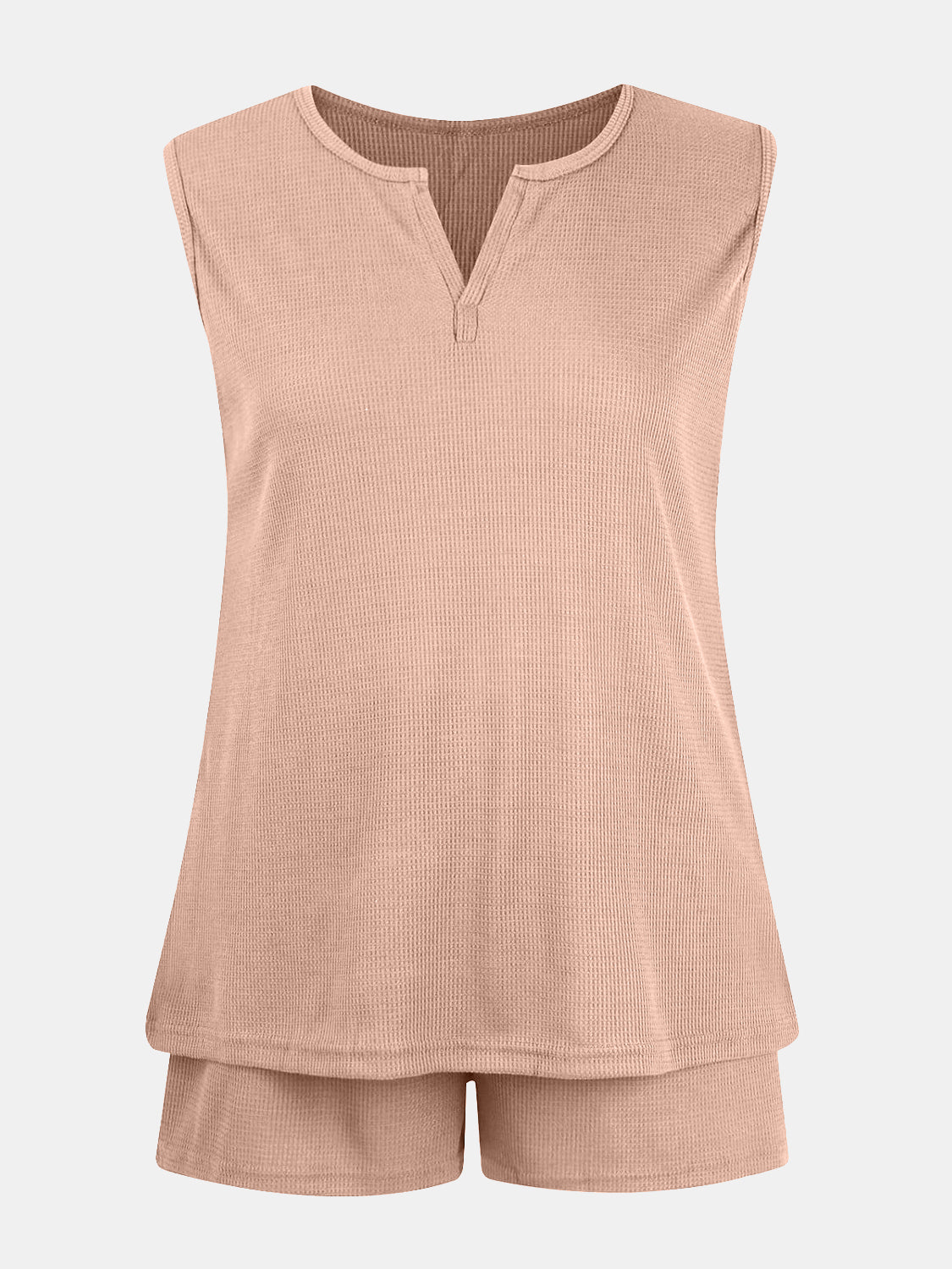 Full Size Waffle-Knit Notched Top and Shorts Set - Whateversit