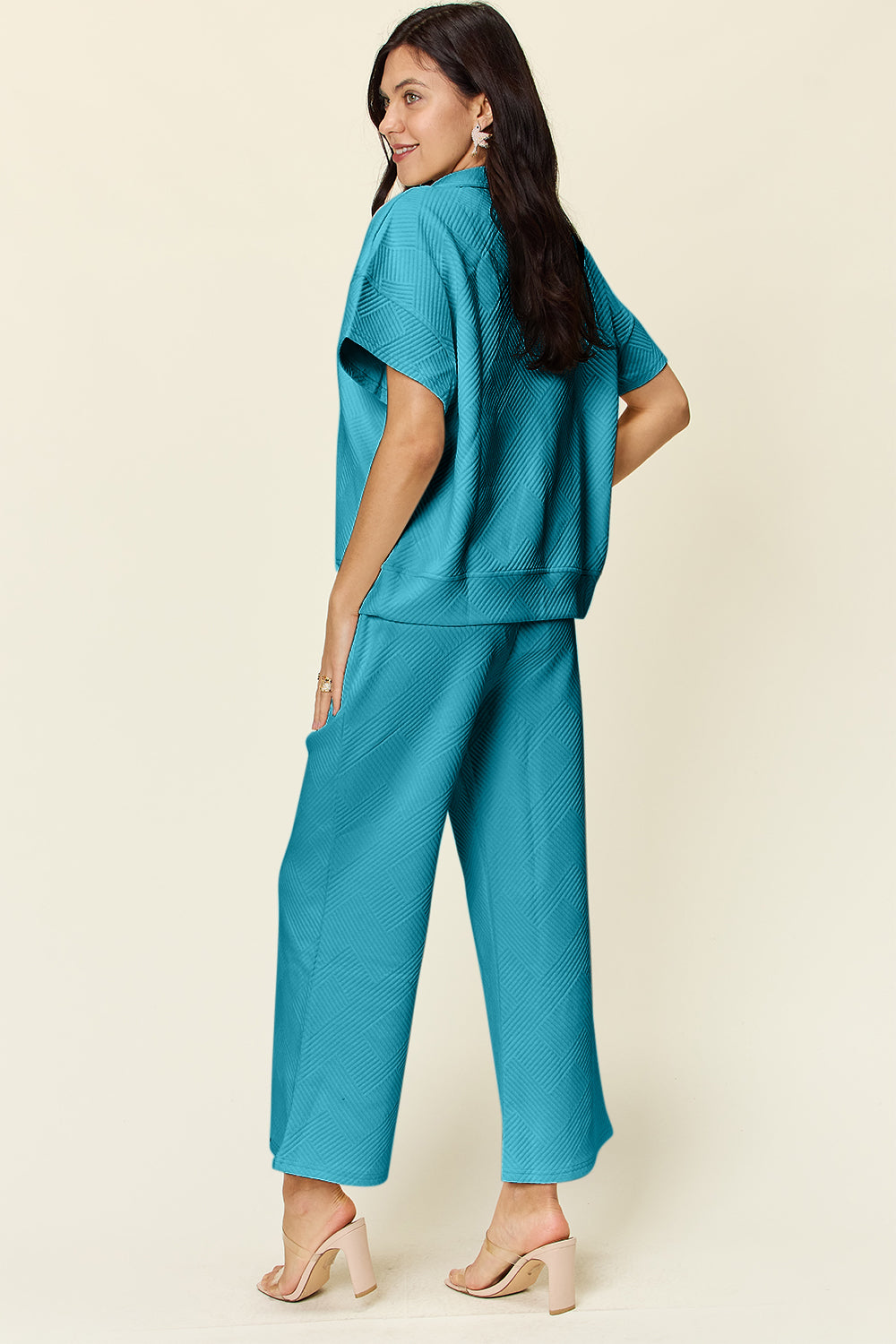 Double Take Full Size Texture Half Zip Short Sleeve Top and Pants Set - Whateversit