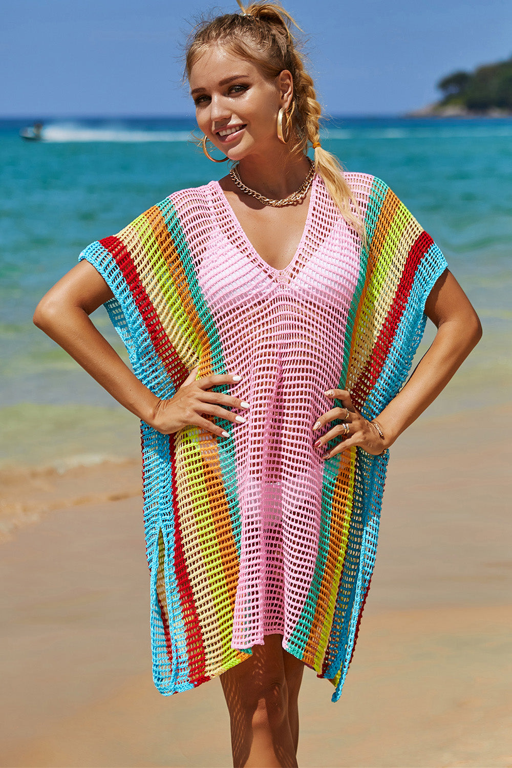 Double Take Openwork Striped Slit Knit Cover Up - Whateversit