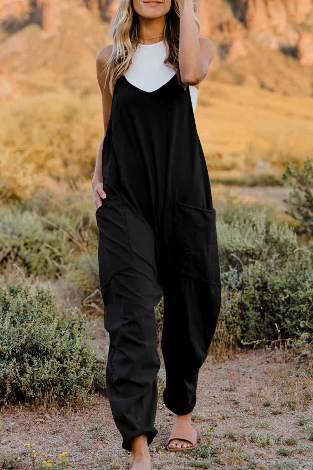 Double Take Full Size V-Neck Sleeveless Jumpsuit with Pockets - Whateversit