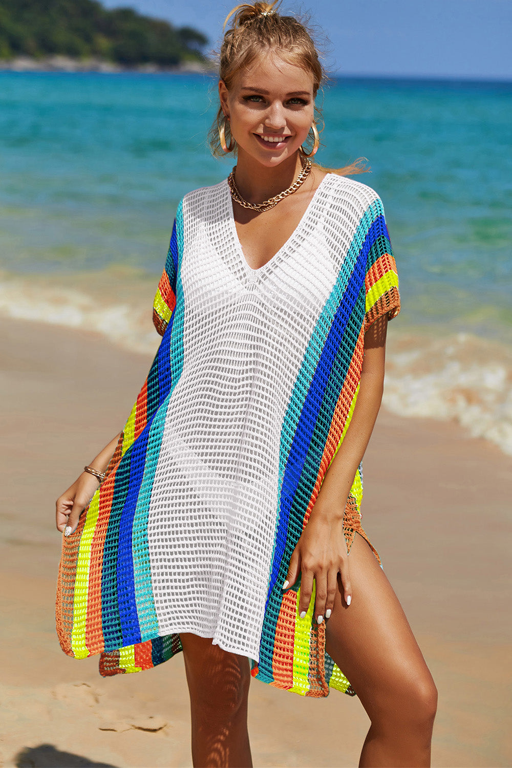 Double Take Openwork Striped Slit Knit Cover Up - Whateversit