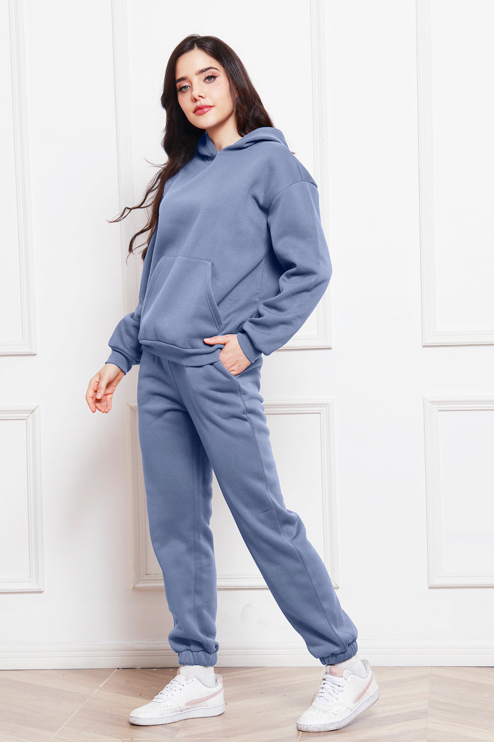 Drop Shoulder Long Sleeve Hoodie and Pants Set - Whateversit