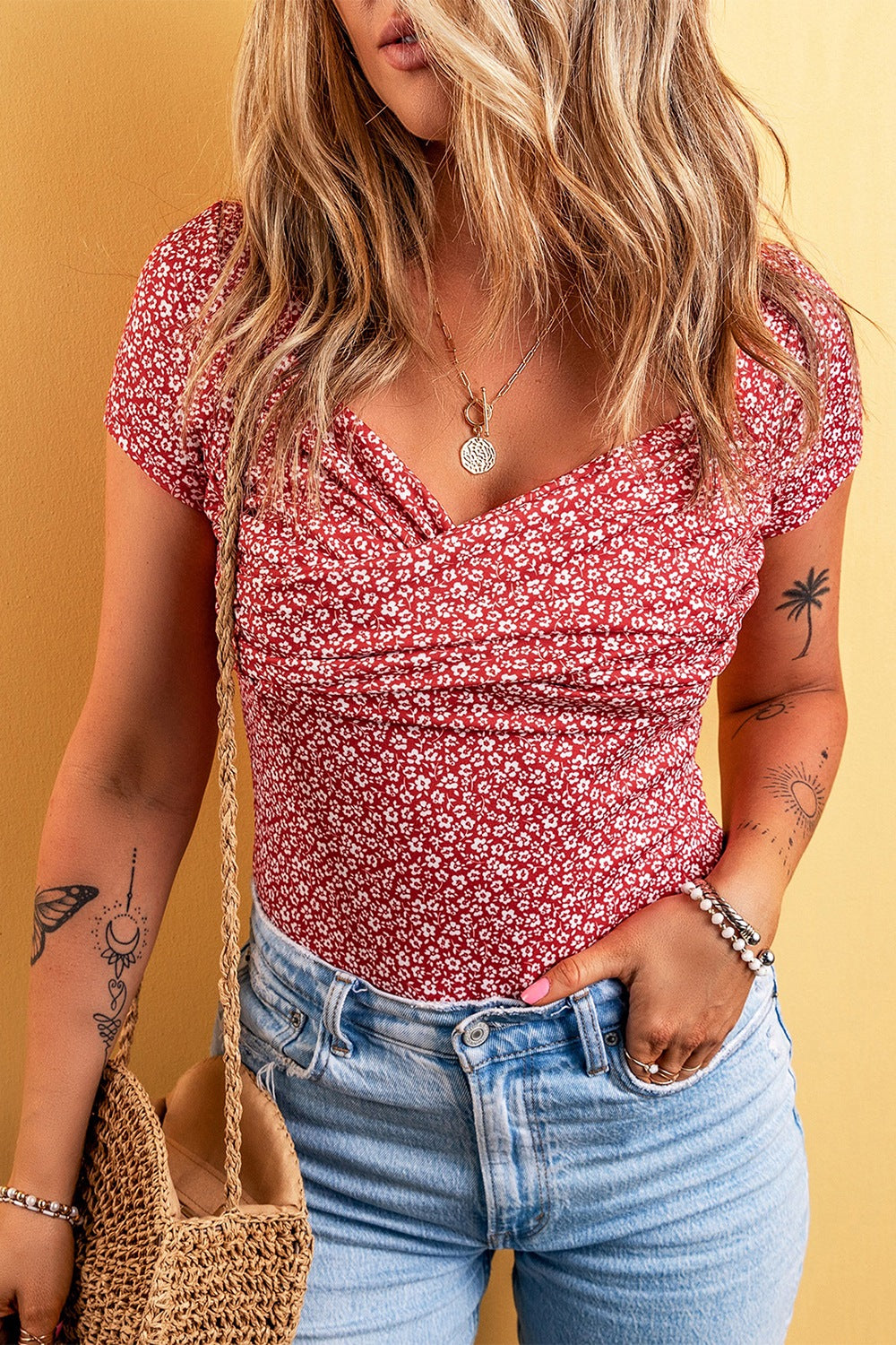 Floral Surplice Short Sleeve Bodysuit - Whateversit