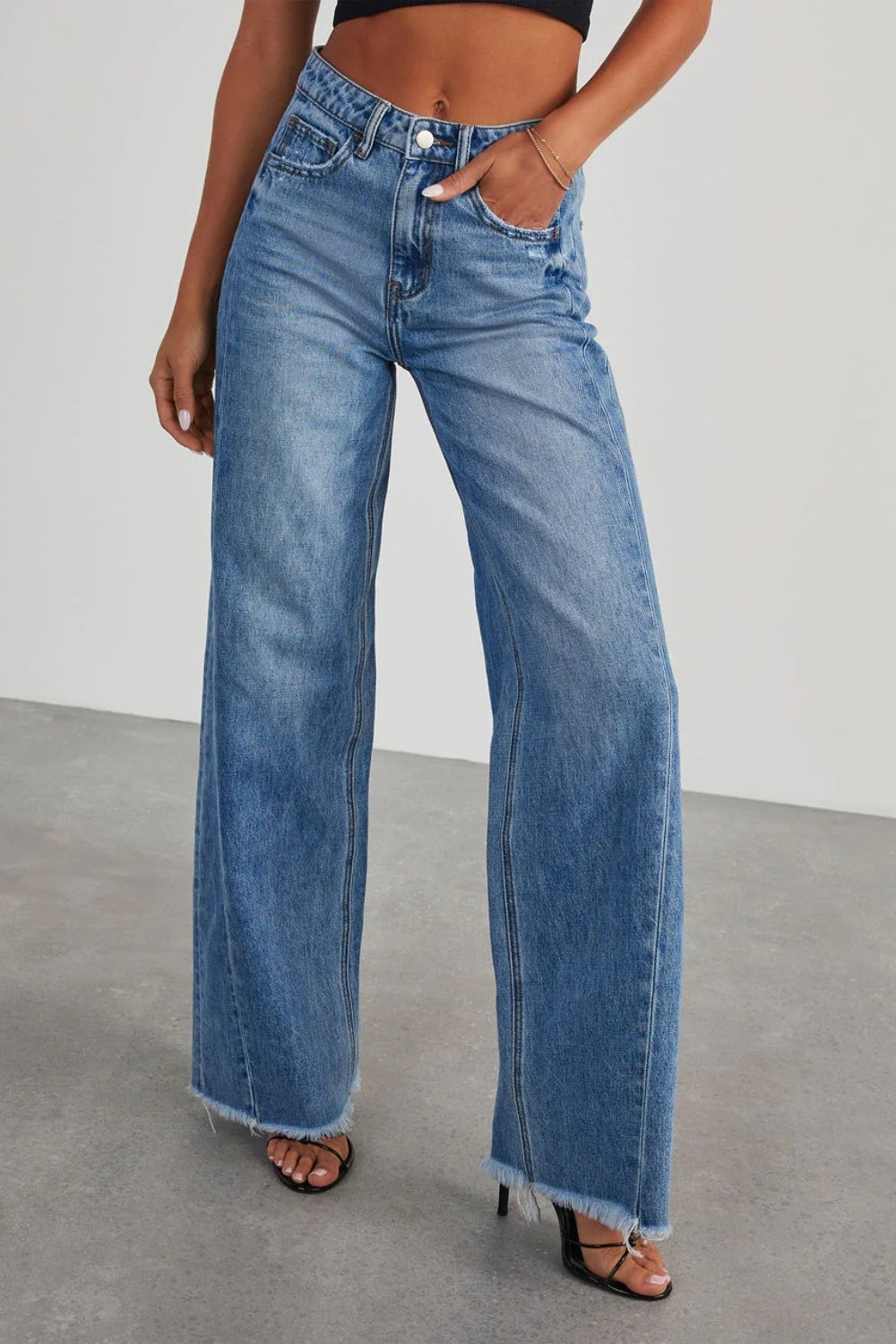 Raw Hem Wide Leg Jeans with Pockets - Whateversit