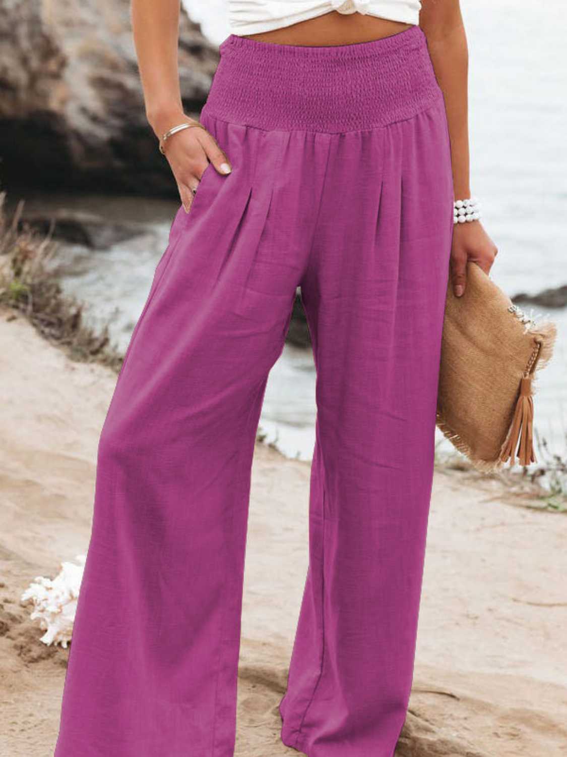 Full Size Smocked Waist Wide Leg Pants - Whateversit