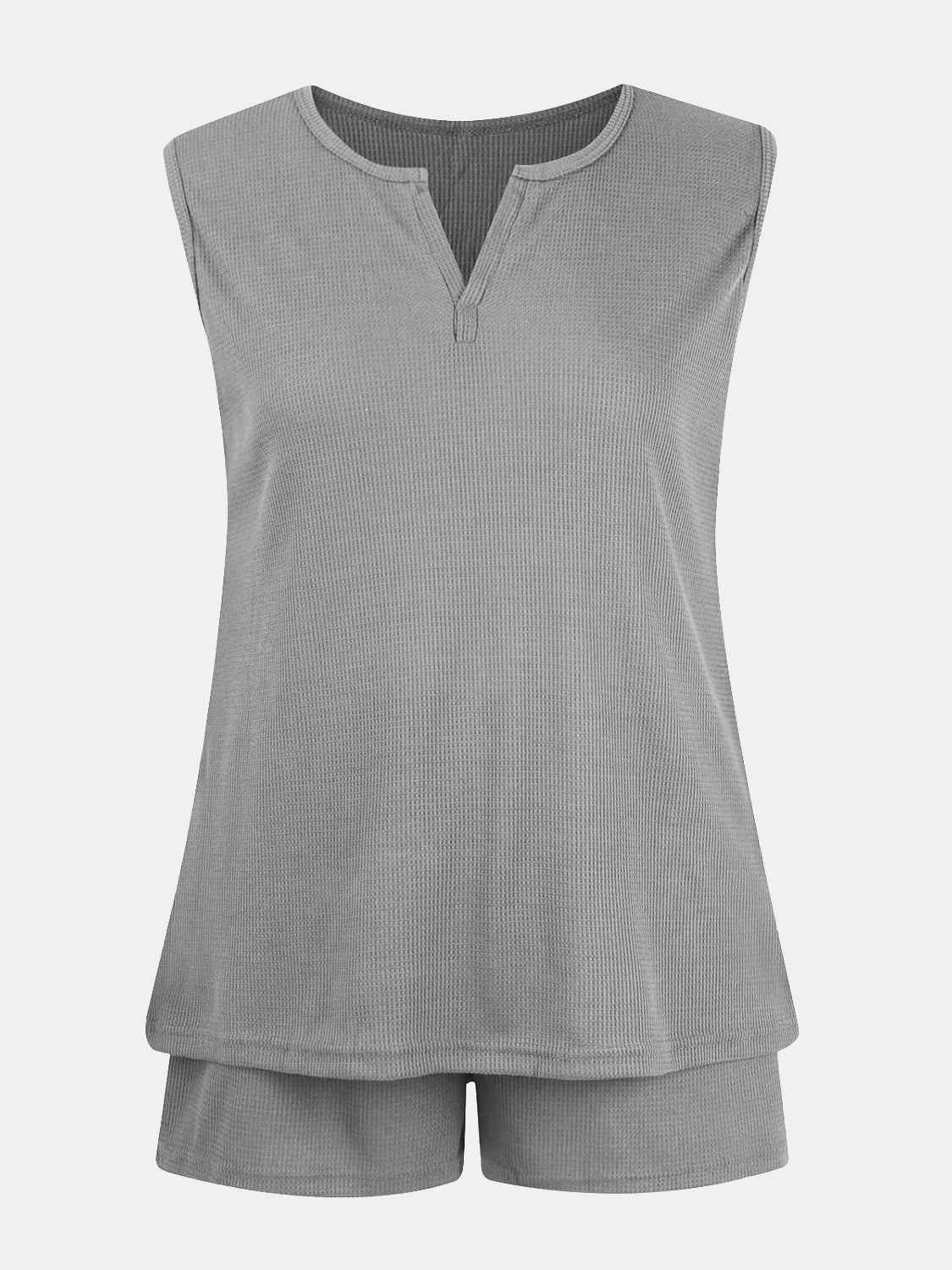 Full Size Waffle-Knit Notched Top and Shorts Set - Whateversit