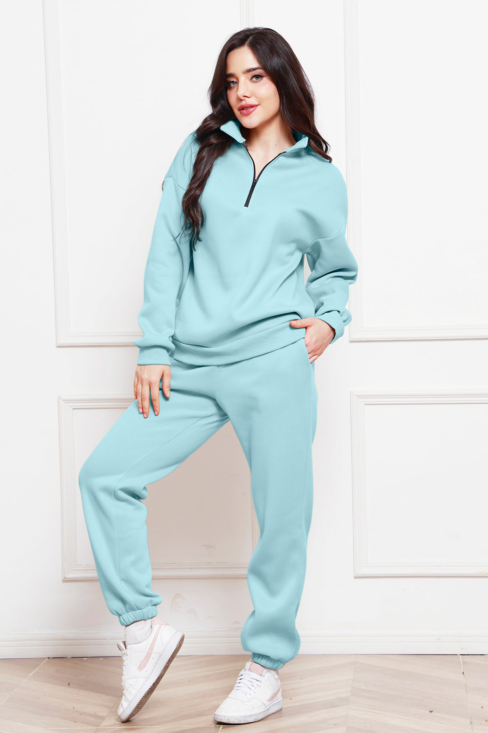 Half Zip Long Sleeve Sweatshirt and Pants Set - Whateversit