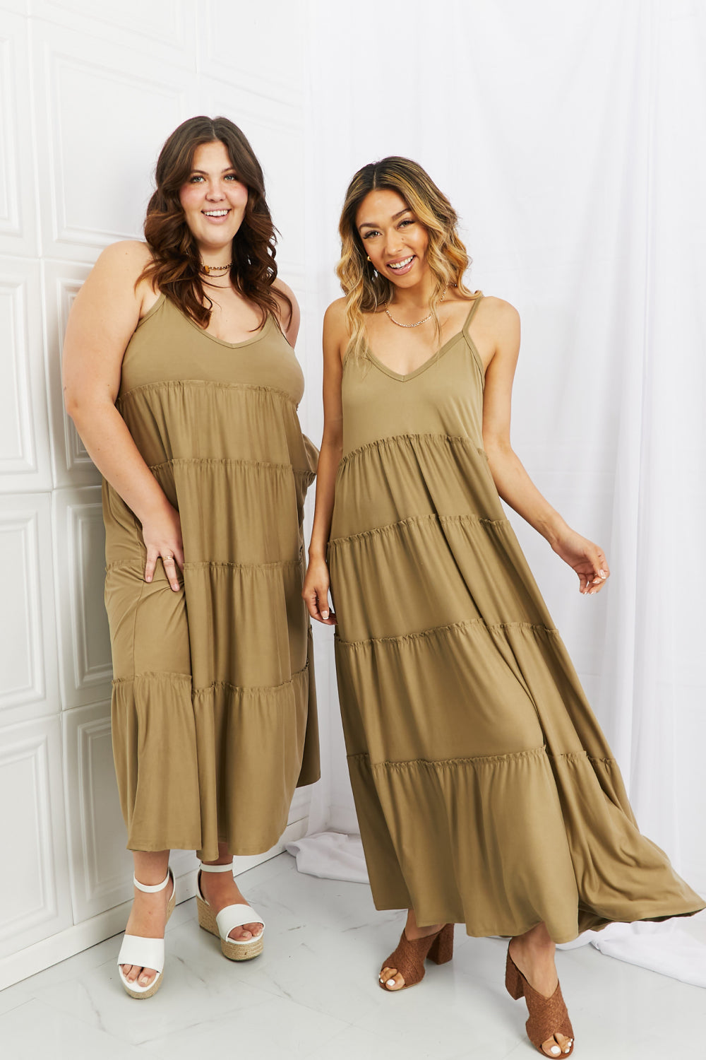 Zenana Full Size Spaghetti Strap Tiered Dress with Pockets in Khaki - Whateversit