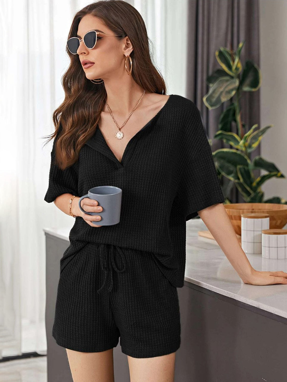 Full Size Waffle-Knit Dropped Shoulder Top and Shorts Set - Whateversit