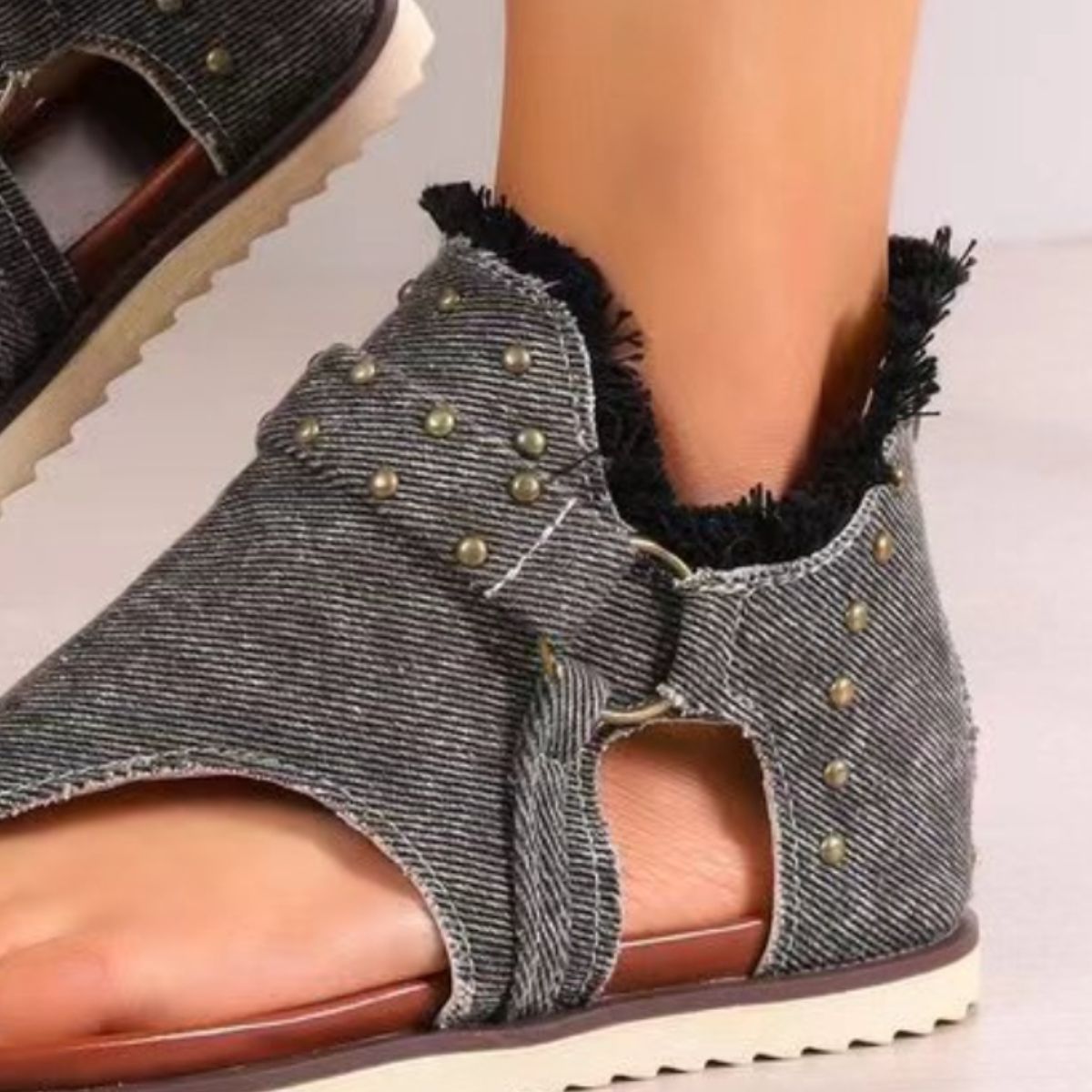 Studded Raw Hem Flat Sandals - Whateversit