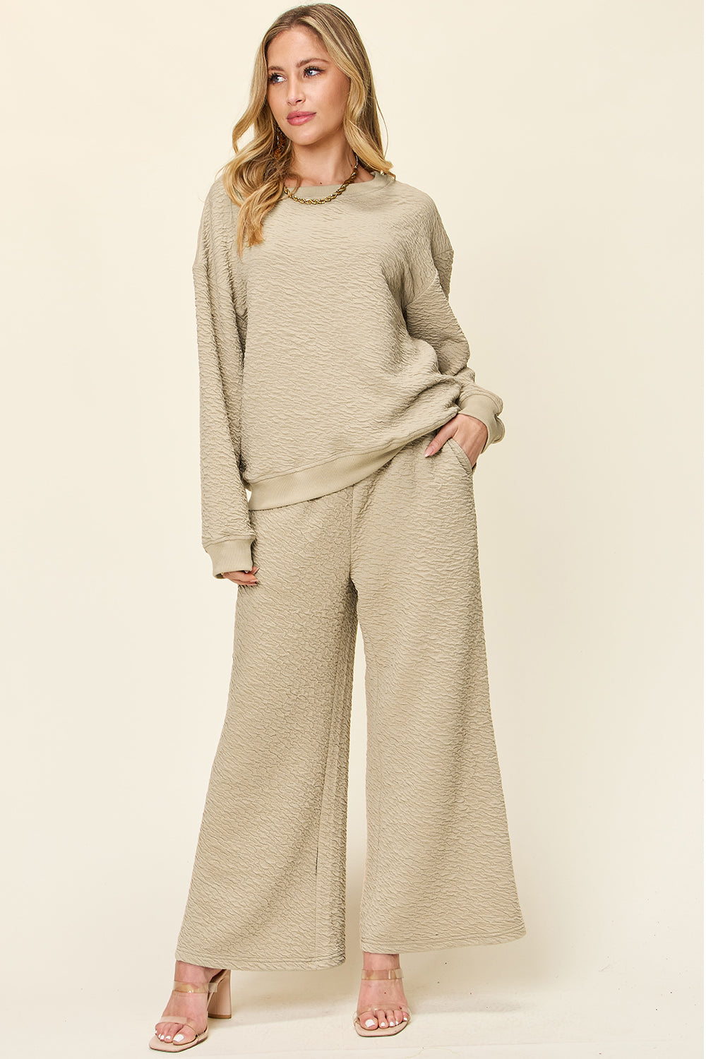 Double Take Full Size Texture Long Sleeve Top and Pants Set - Whateversit