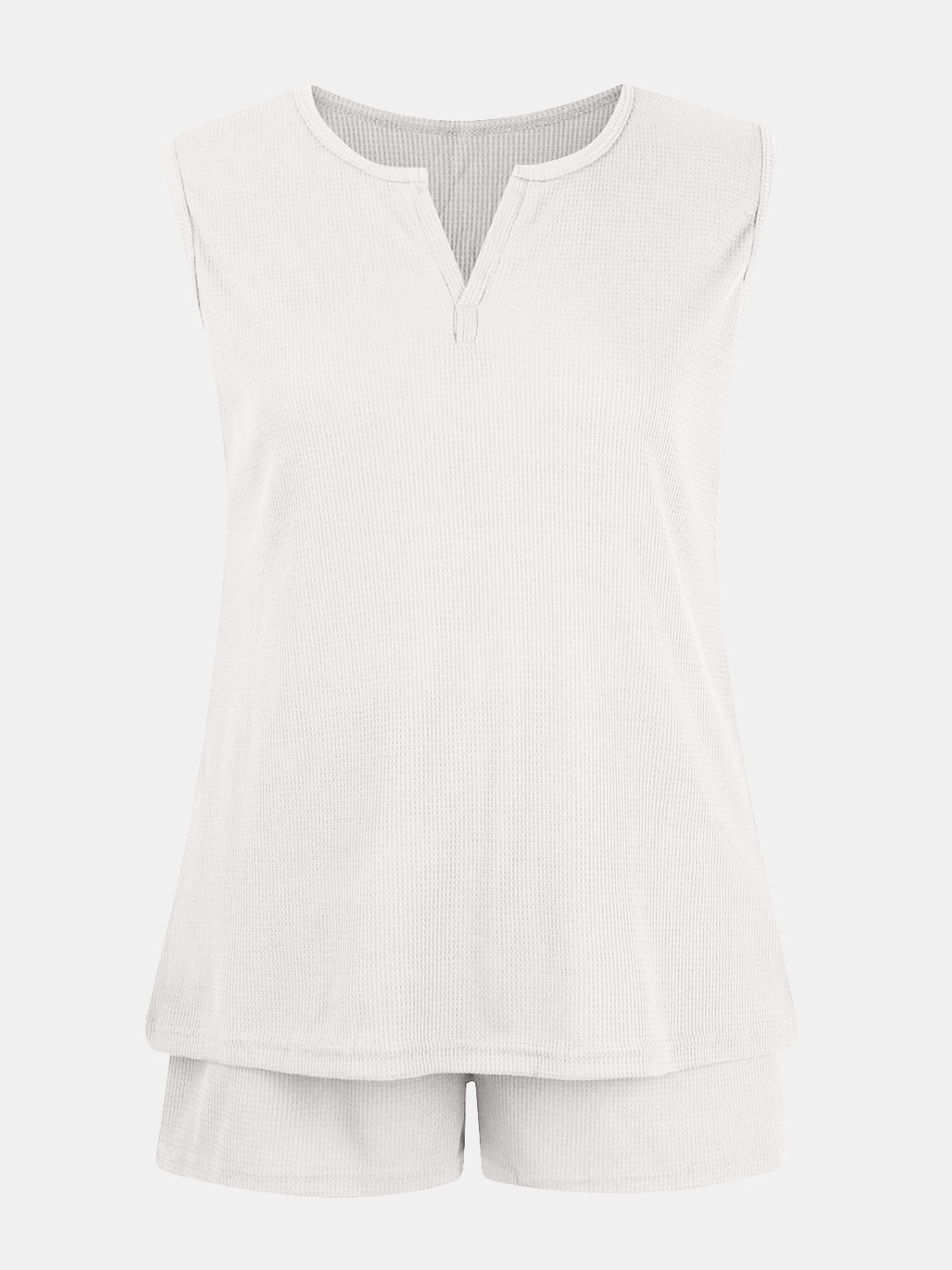 Full Size Waffle-Knit Notched Top and Shorts Set - Whateversit