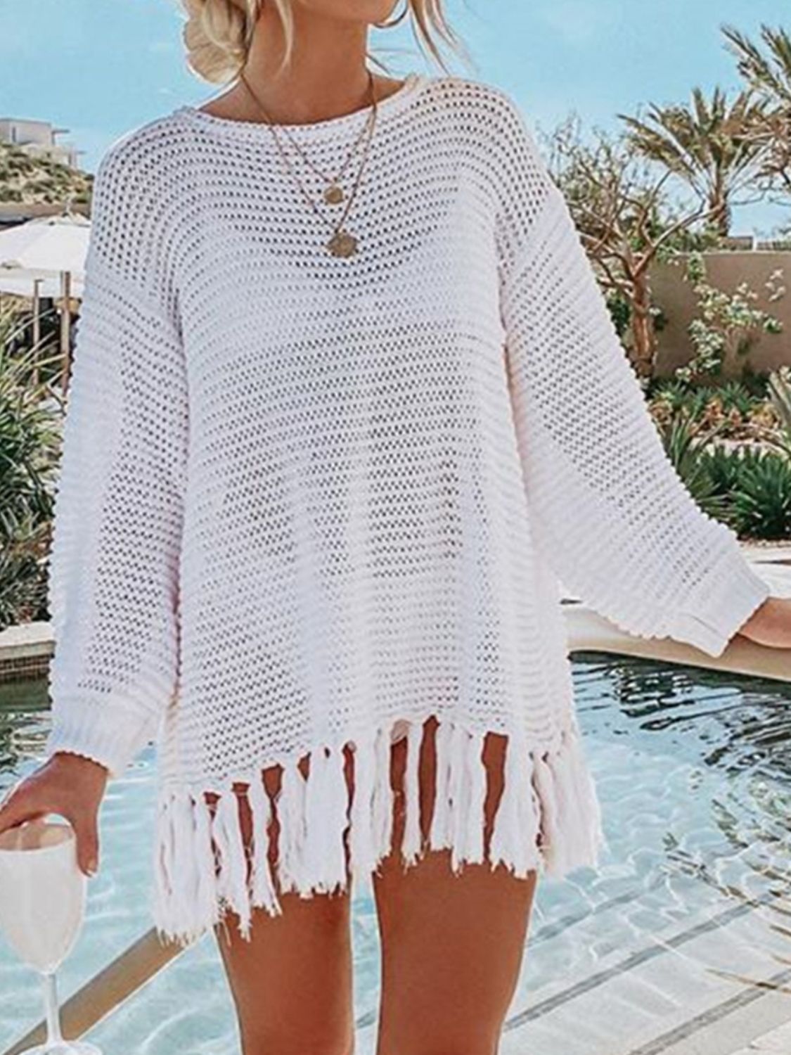 Double Take Openwork Tassel Hem Long Sleeve Knit Cover Up - Whateversit