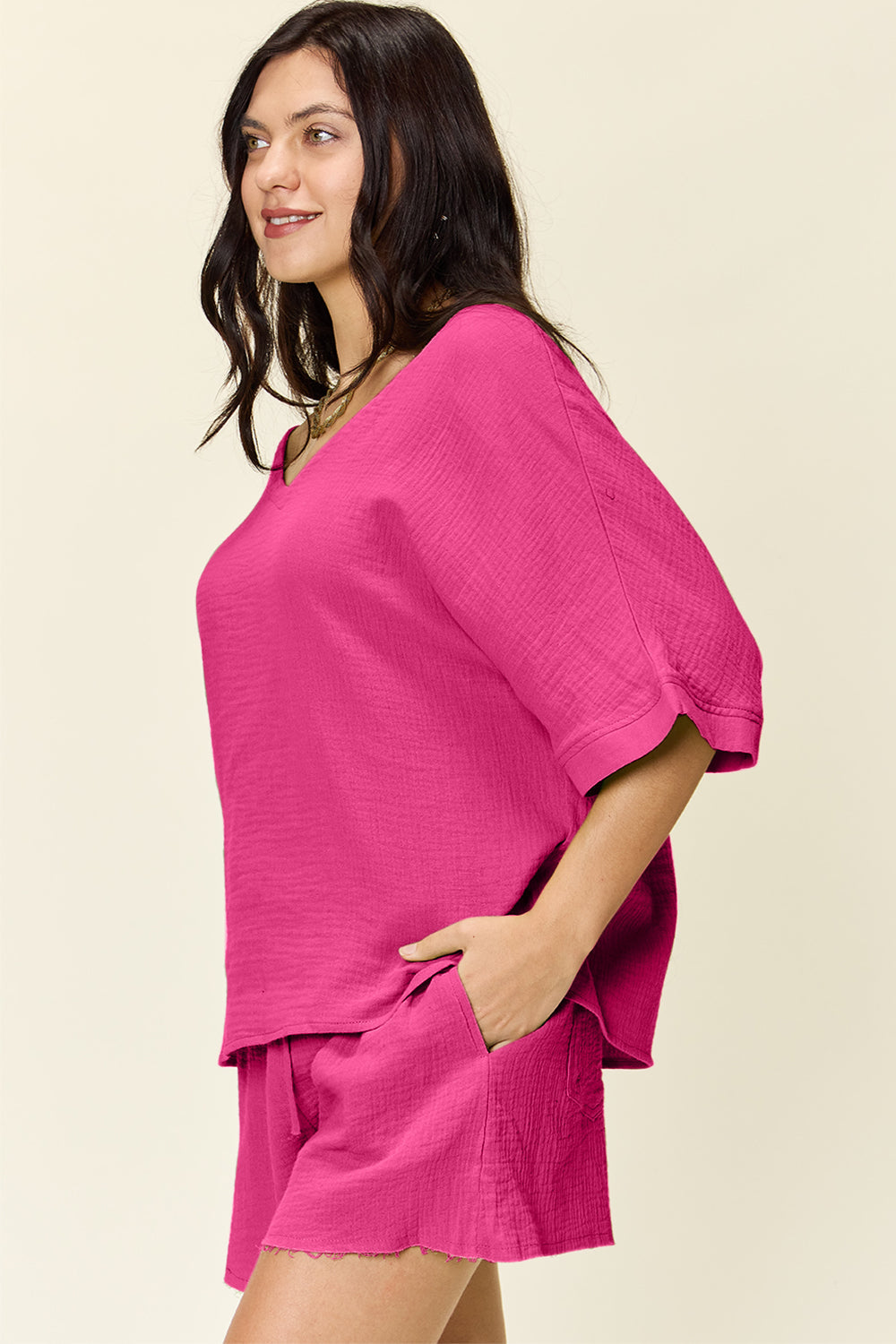 Double Take Texture Half Sleeve T-Shirt and Drawstring Shorts Set - Whateversit