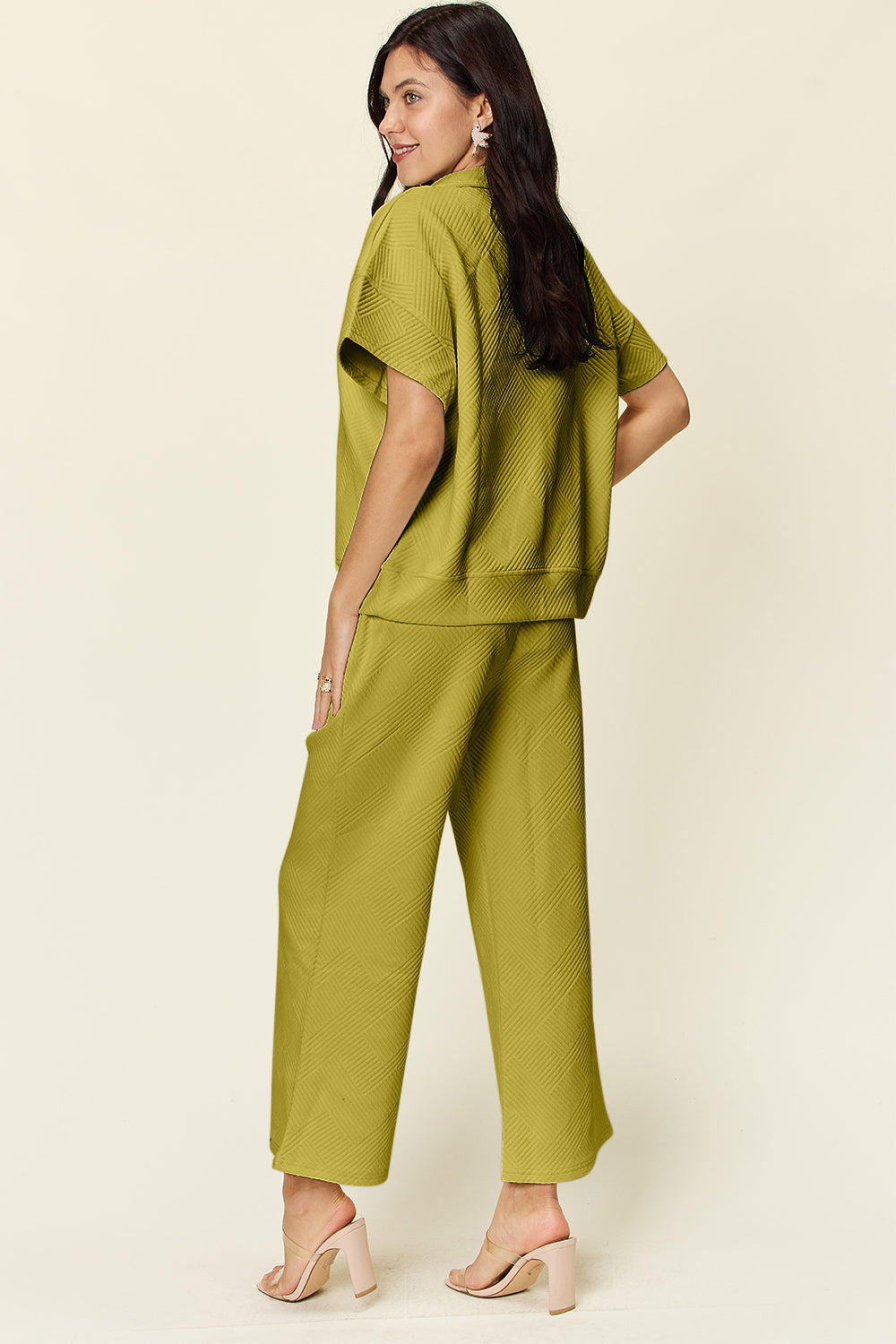 Double Take Full Size Texture Half Zip Short Sleeve Top and Pants Set - Whateversit