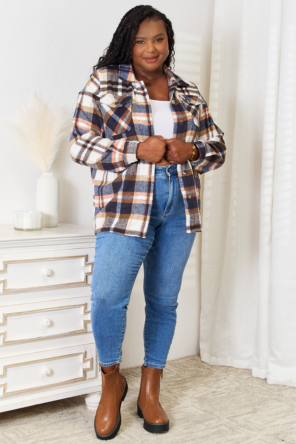 Double Take Plaid Button Front Shirt Jacket with Breast Pockets - Whateversit