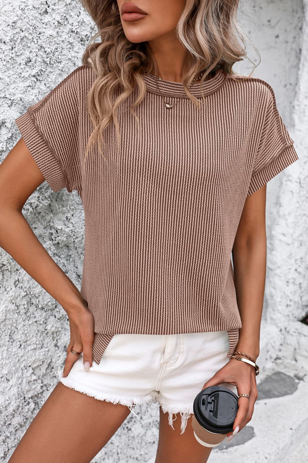 Striped Round Neck Short Sleeve T-Shirt - Whateversit