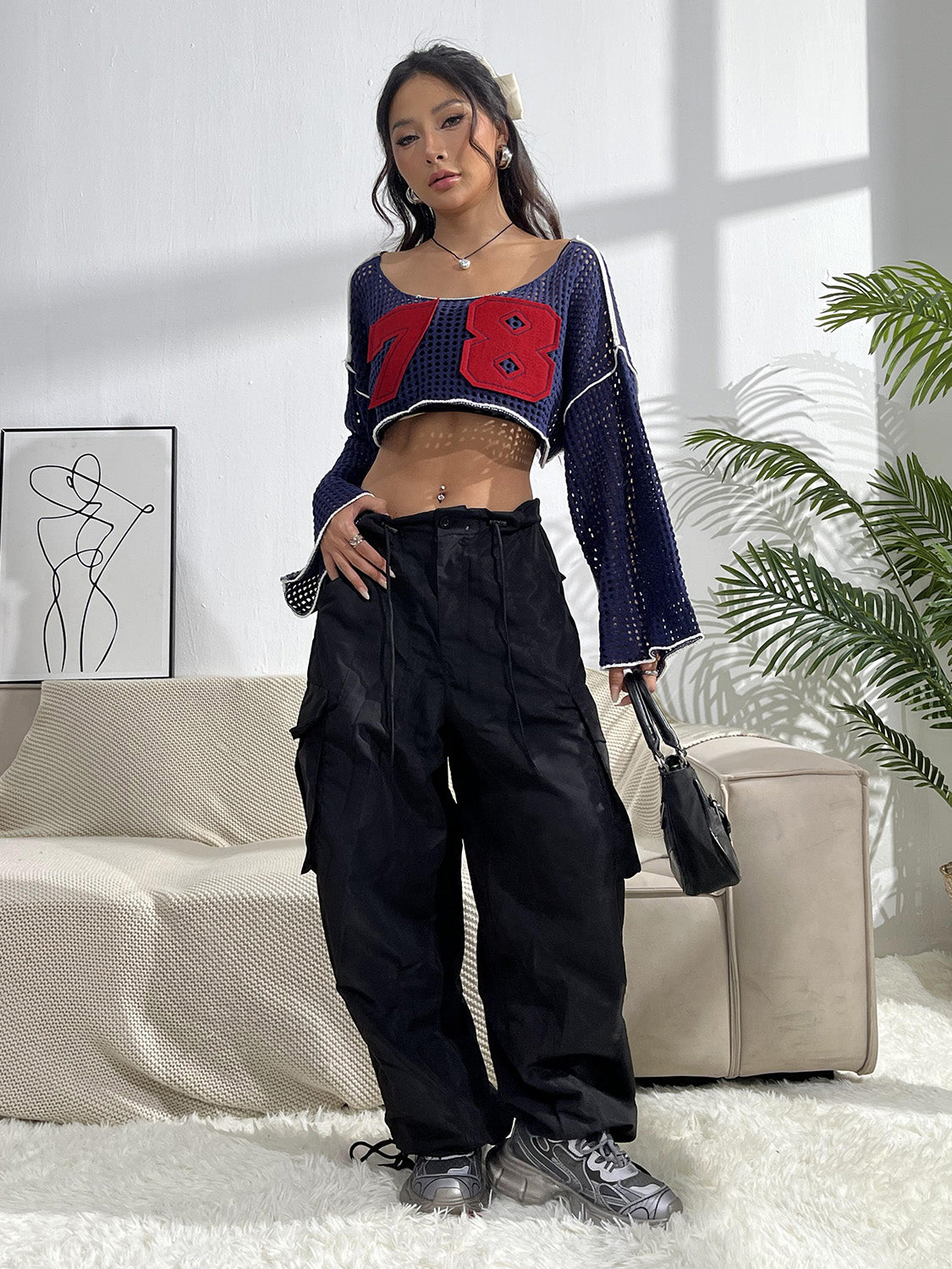 Contrast Patches Long Sleeve Cropped Knit Top - Whateversit