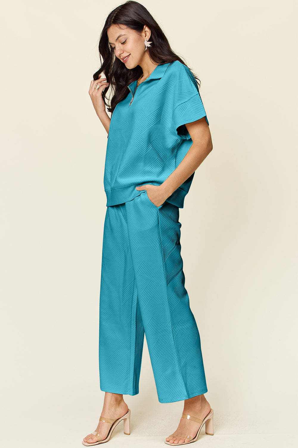 Double Take Full Size Texture Half Zip Short Sleeve Top and Pants Set - Whateversit