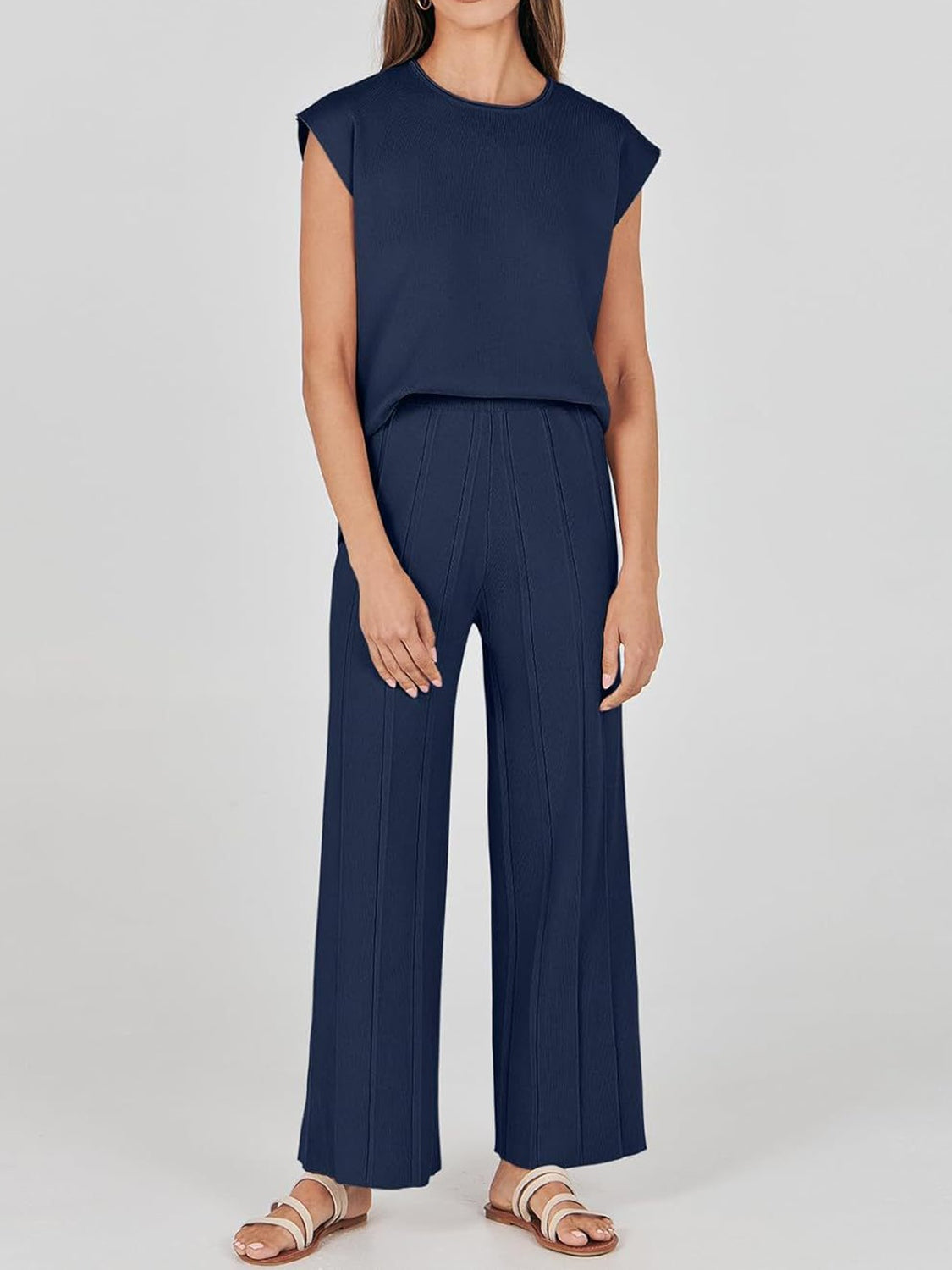 Round Neck Cap Sleeve Top and Pants Knit Set - Whateversit