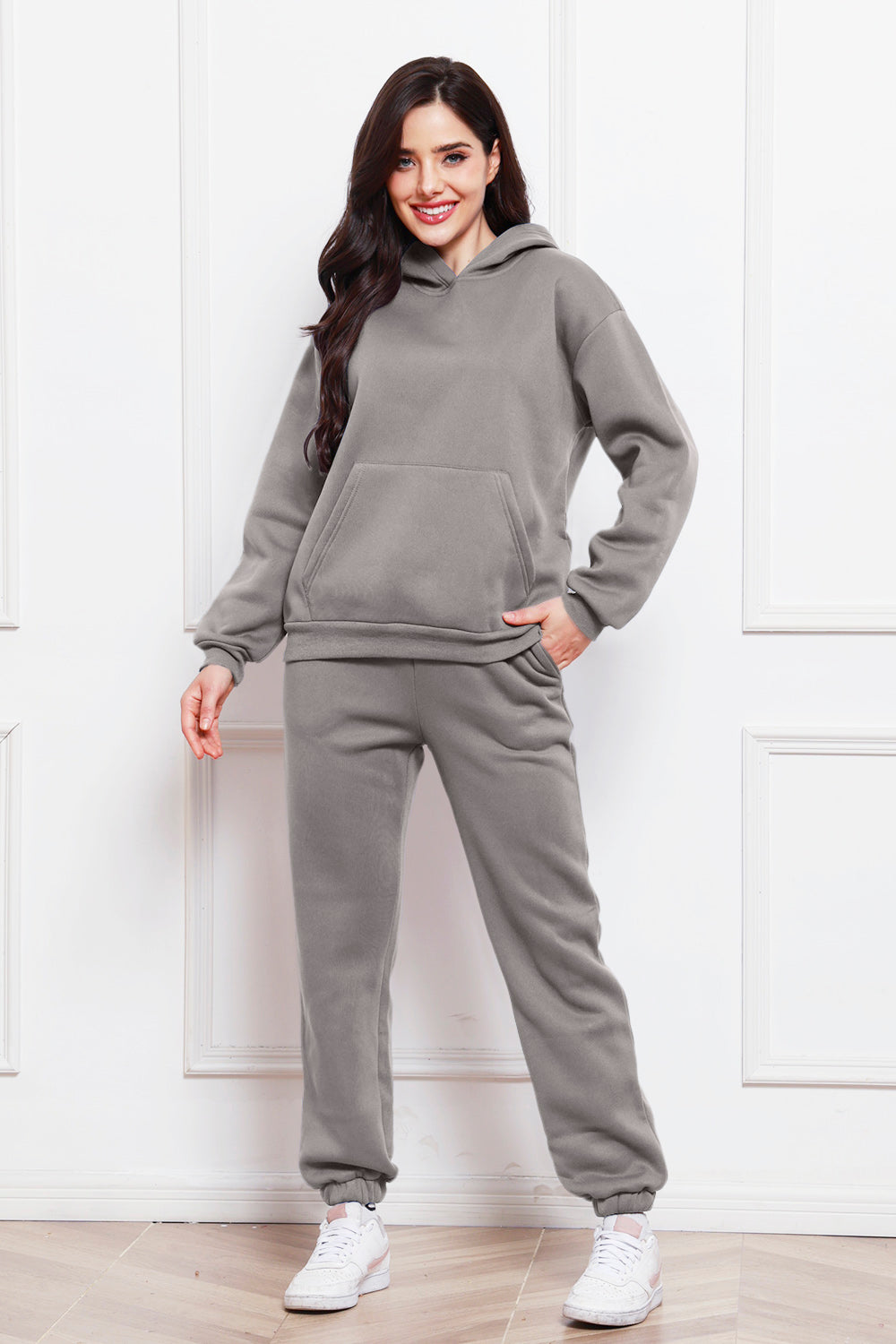 Drop Shoulder Long Sleeve Hoodie and Pants Set - Whateversit