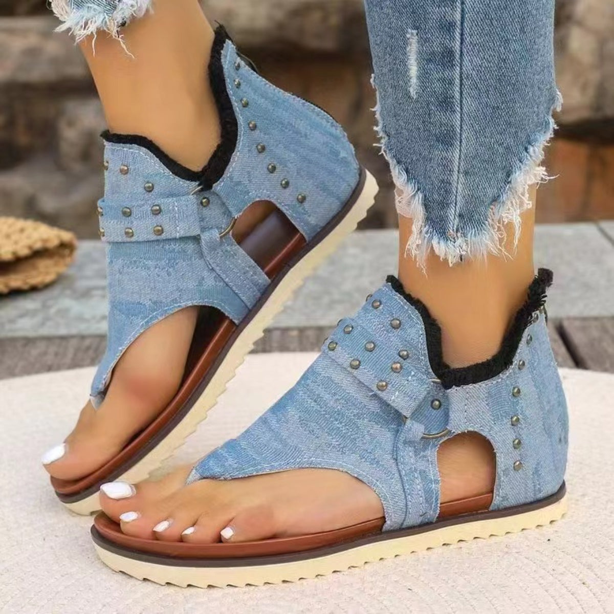 Studded Raw Hem Flat Sandals - Whateversit