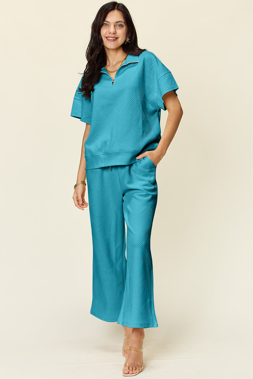 Double Take Full Size Texture Half Zip Short Sleeve Top and Pants Set - Whateversit