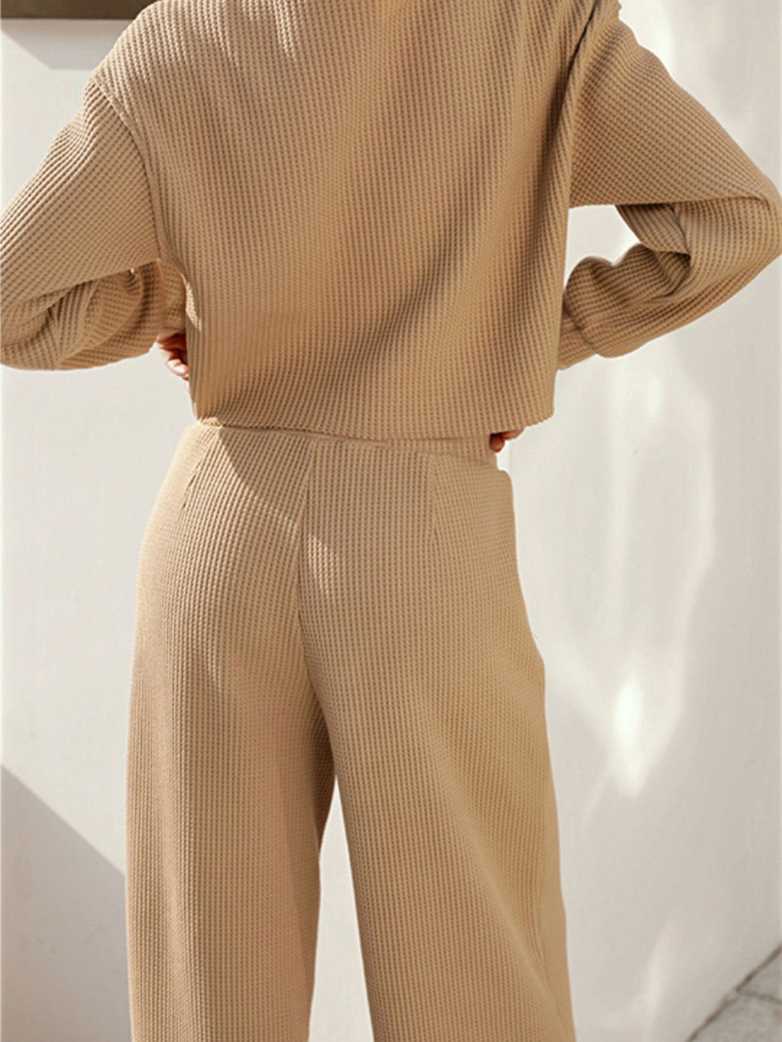 Waffle-Knit Round Neck Top and Pants Set - Whateversit