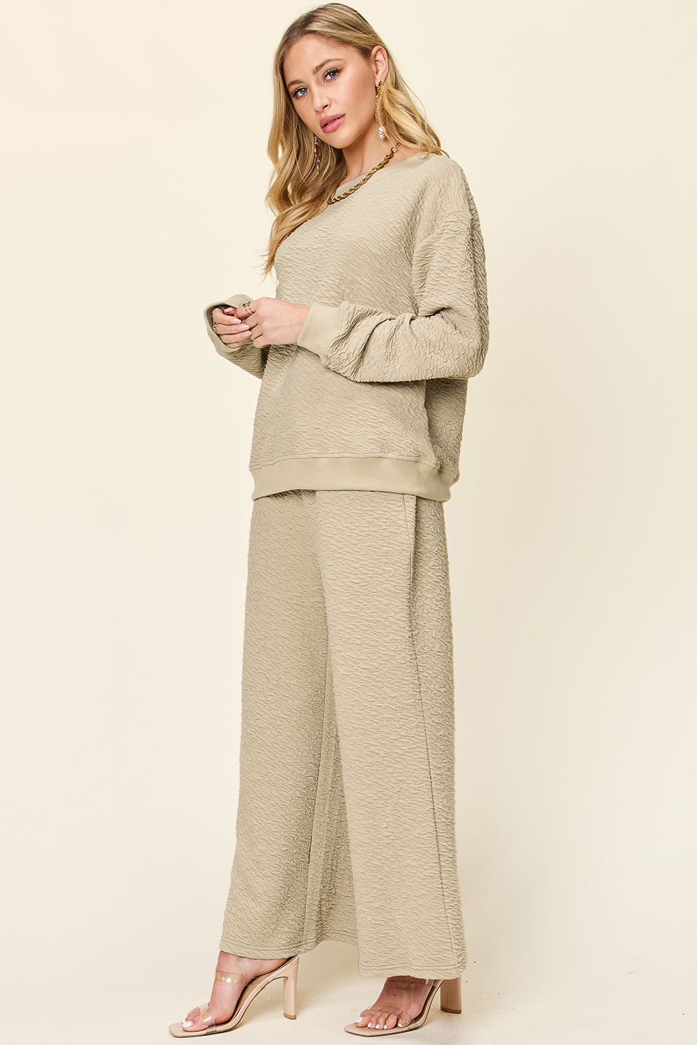 Double Take Full Size Texture Long Sleeve Top and Pants Set - Whateversit