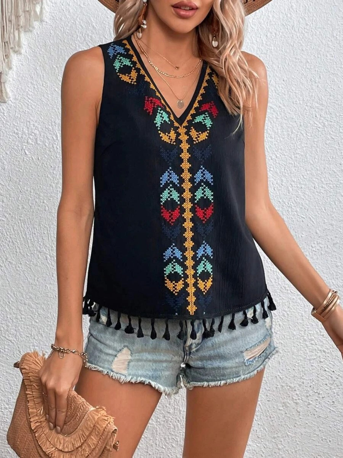 Tassel Printed V-Neck Tank - Whateversit