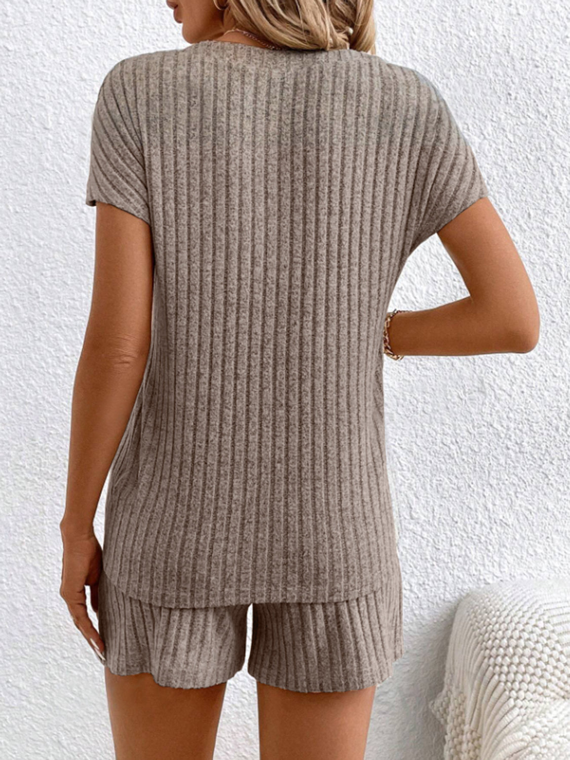 Ribbed V-Neck Top and Shorts Set - Whateversit