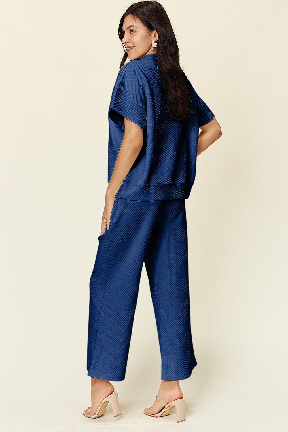 Double Take Full Size Texture Half Zip Short Sleeve Top and Pants Set - Whateversit