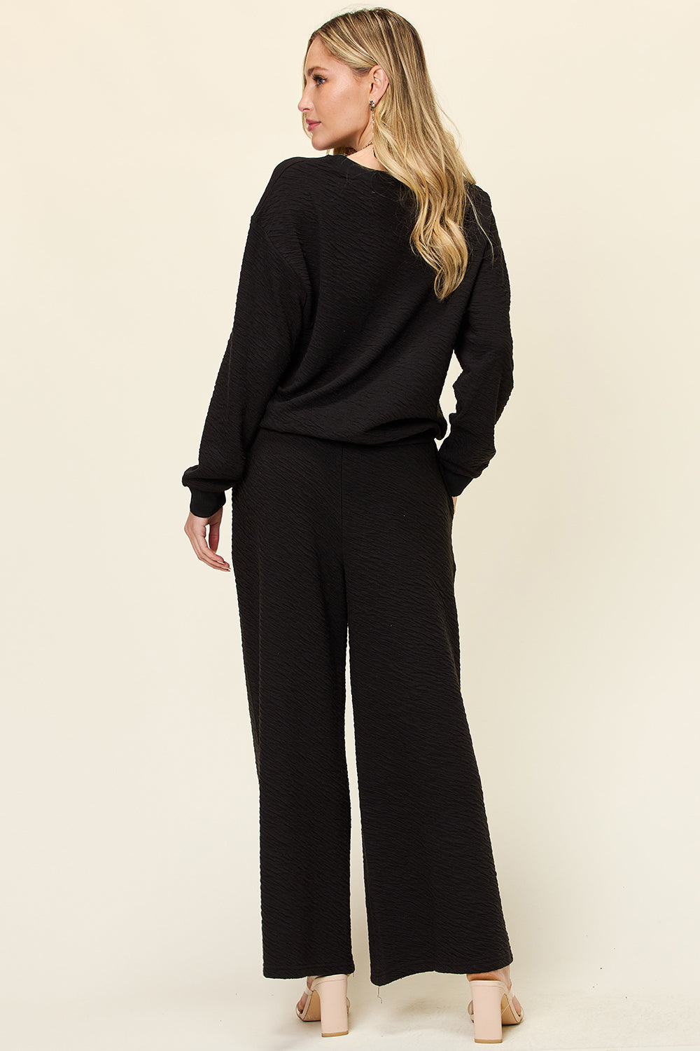 Double Take Full Size Texture Long Sleeve Top and Pants Set - Whateversit