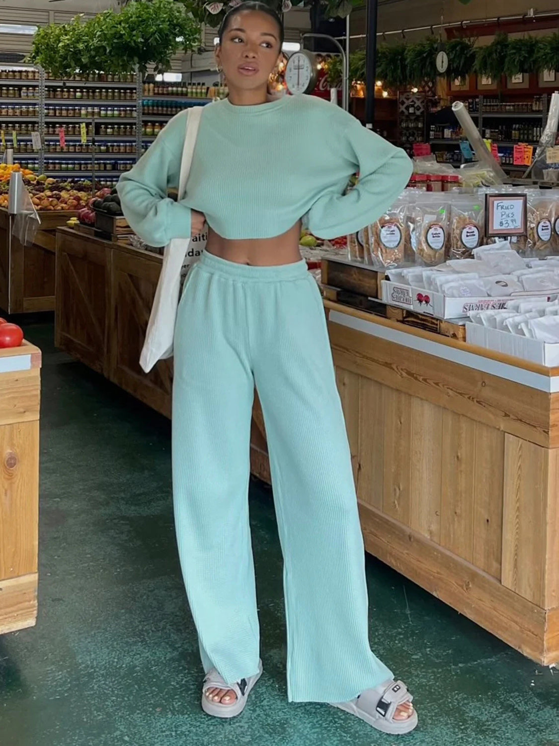 Waffle-Knit Round Neck Top and Pants Set - Whateversit