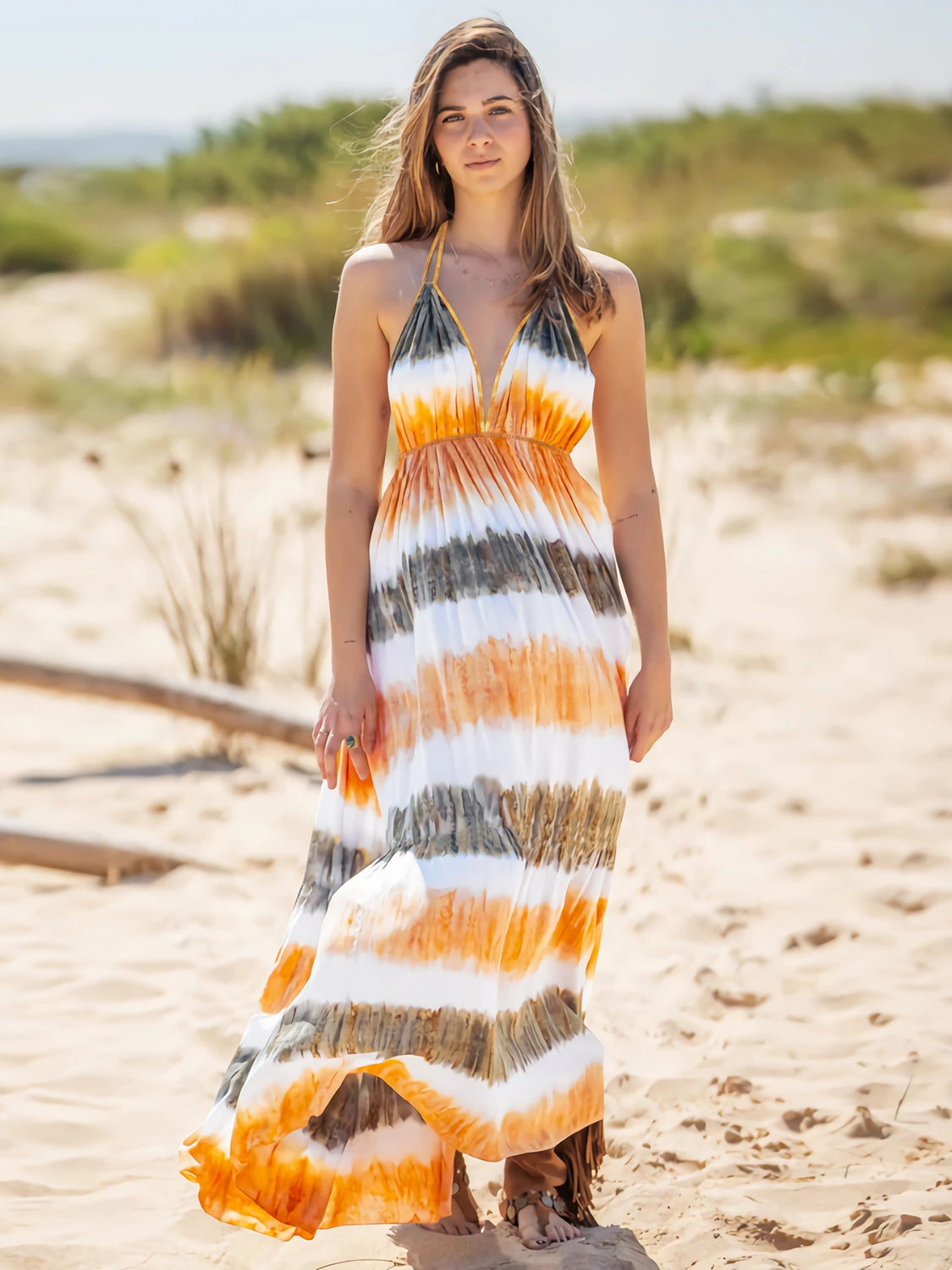 Tie-Dye Halter Neck Sleeveless Dress - Whateversit