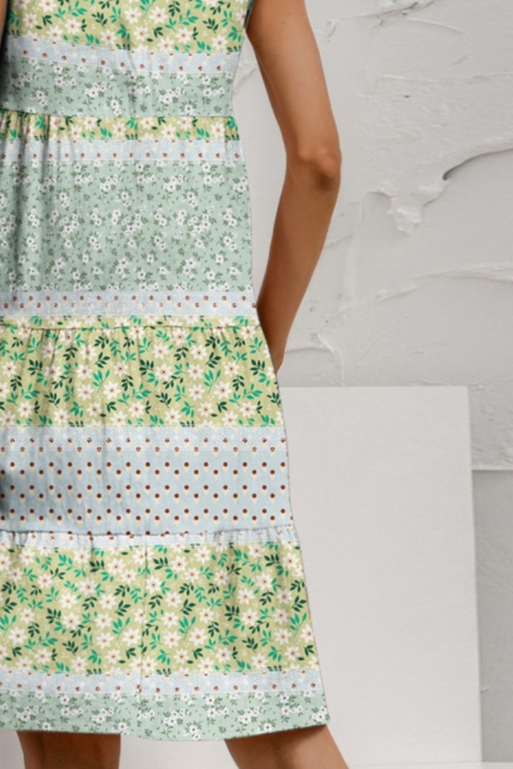 Tiered Printed Round Neck Sleeveless Dress - Whateversit