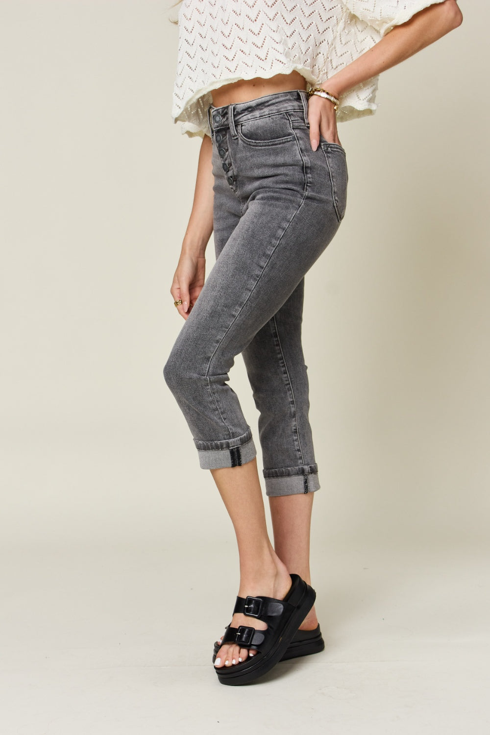 Judy Blue Full Size Button Fly High Waist Cuffed Capris - Whateversit
