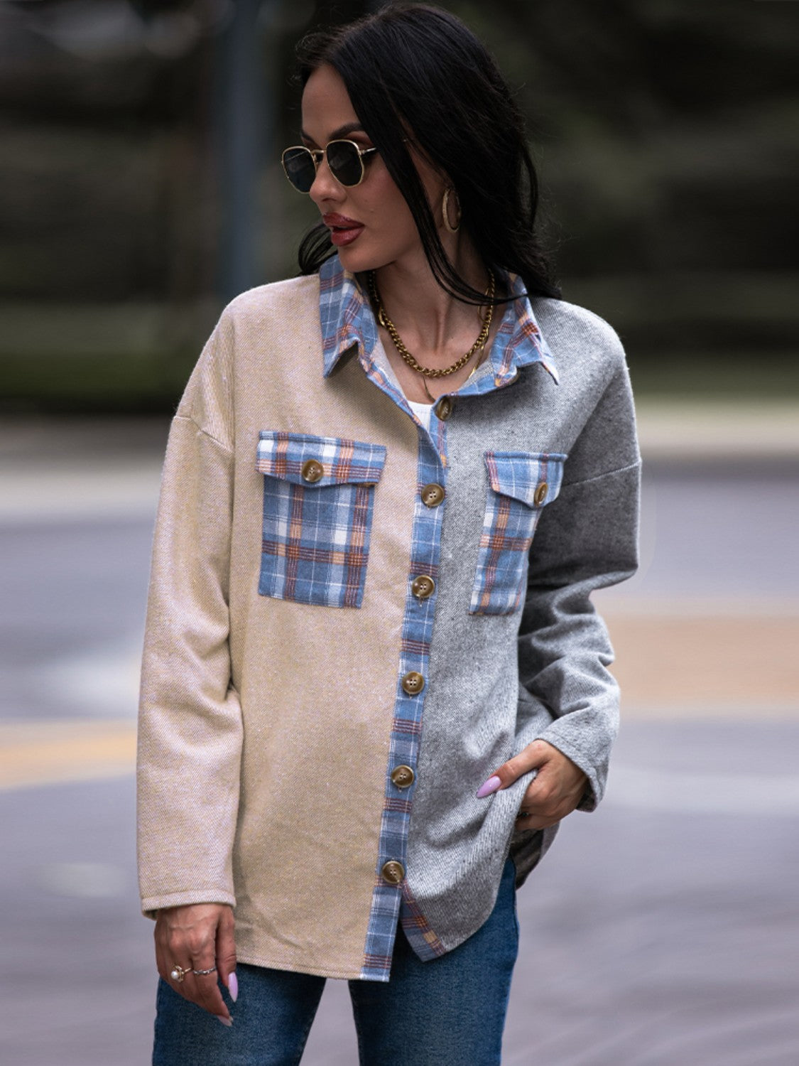 Plaid Contrast Drop Shoulder Shacket - Whateversit
