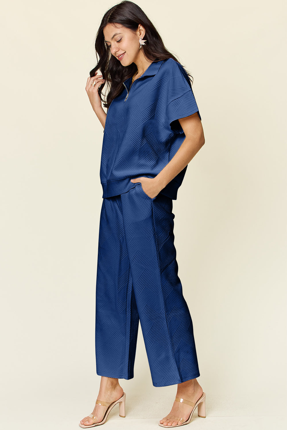 Double Take Full Size Texture Half Zip Short Sleeve Top and Pants Set - Whateversit