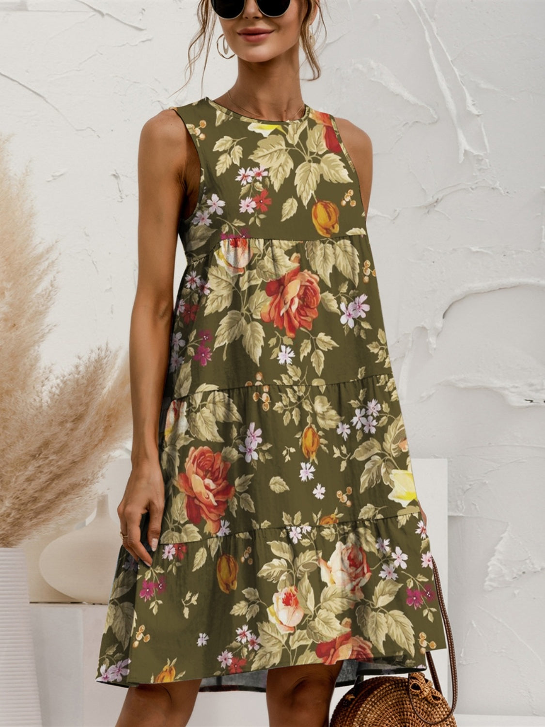 Tiered Printed Round Neck Sleeveless Dress - Whateversit