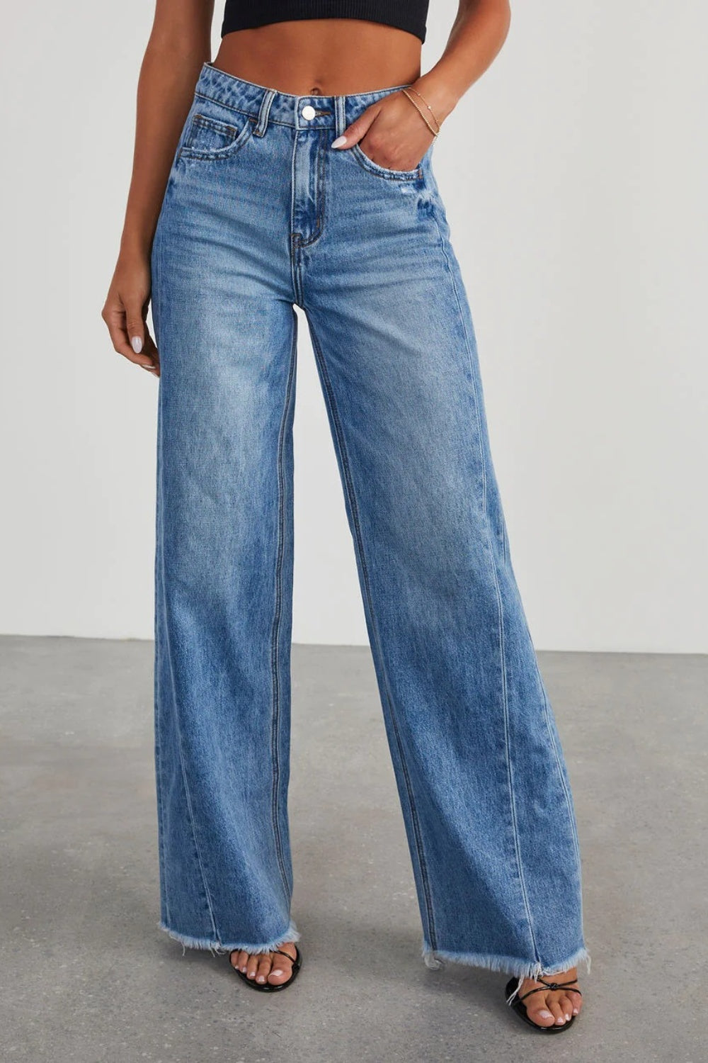 Raw Hem Wide Leg Jeans with Pockets - Whateversit